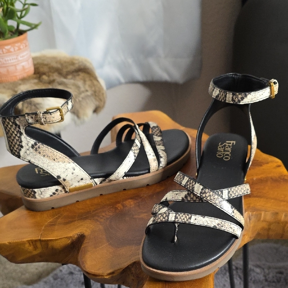 Franco Sarto Black and Cream Strappy Sandals